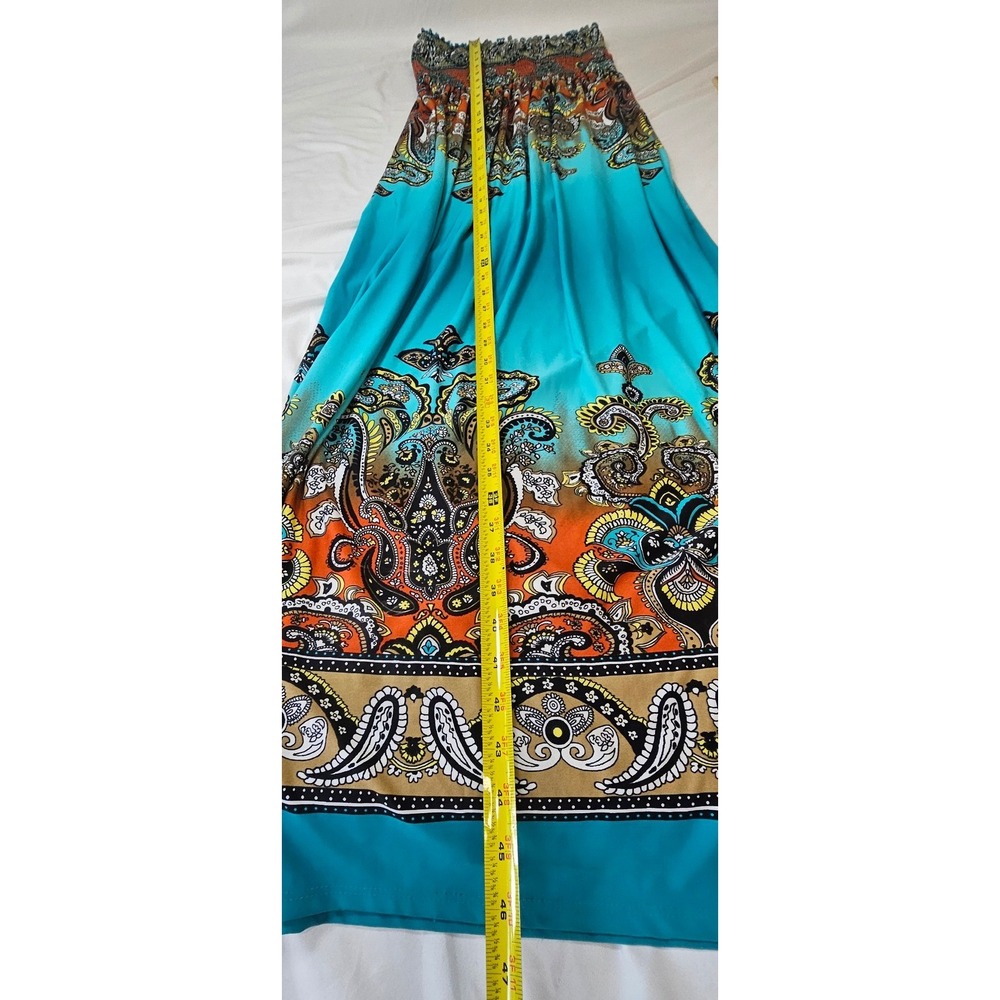 Venus Womens Small Paisley Smocked Strapless Maxi Dress Turquoise Orange Boho - Picture 3 of 6